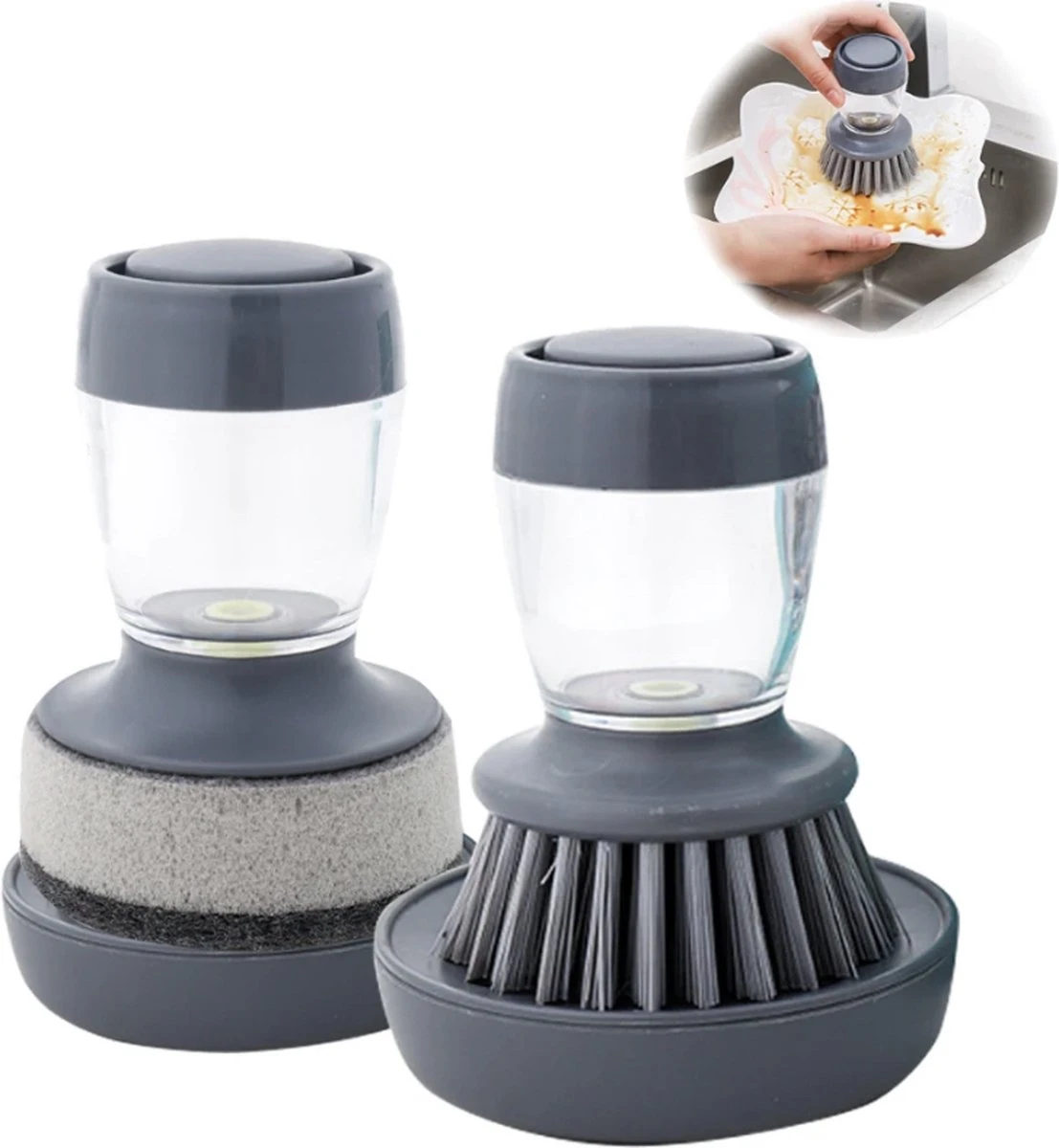 Afwasborstel Met Zeepdispenser – Met 3 Verschillende Opzet Stukken – Inclusief Houder – Grijs – Afwas Borstel Zeepreservoir – Zeep Handborstel – Doseerpomp – Afwasmiddel Dispenser – Navulbaar 5 Afwasborstel Met Zeepdispenser – Met 3 Verschillende Opzet Stukken – Inclusief Houder – Grijs – Afwas Borstel Zeepreservoir – Zeep Handborstel – Doseerpomp – Afwasmiddel Dispenser – Navulbaar - Afbeelding 5