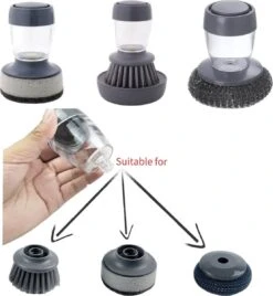 Afwasborstel Met Zeepdispenser – Met 3 Verschillende Opzet Stukken – Inclusief Houder – Grijs – Afwas Borstel Zeepreservoir – Zeep Handborstel – Doseerpomp – Afwasmiddel Dispenser – Navulbaar