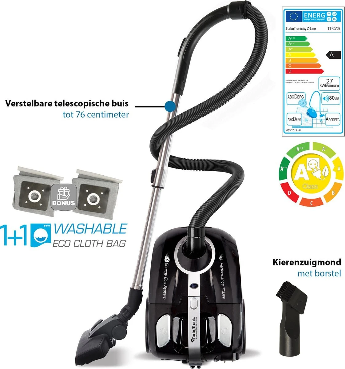 TurboTronic CV09 Stofzuiger Met Zak – Zwart 2 TurboTronic CV09 Stofzuiger Met Zak – Zwart - Afbeelding 2
