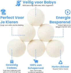 DRYQUICK Drogerballen- Wasbollen- Duurzaam Schapenwol - Herbruikbaar- 6 XL Wasballen Wit -Huishoudelijke Benodigdheden 1162x1200
