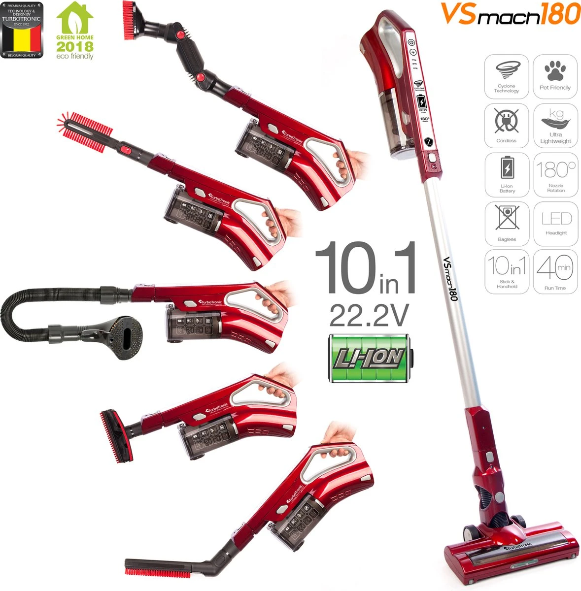 TurboTronic VS180 Draadloze Steelstofzuiger Met Handstofzuiger - Rood 11 TurboTronic VS180 Draadloze Steelstofzuiger Met Handstofzuiger - Rood - Afbeelding 11