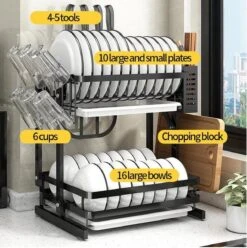 Doogo® Afdruiprek Met Lekbak 2 Laags – Inklapbaar - Muur Hangen Mogelijke - Afwasrek – Met 2 Lekbakken – Extra Accessories Voor Servies En Snijplanken - RVS -Huishoudelijke Benodigdheden 1195x1200 7