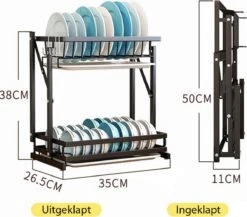 Doogo® Afdruiprek Met Lekbak 2 Laags – Inklapbaar - Muur Hangen Mogelijke - Afwasrek – Met 2 Lekbakken – Extra Accessories Voor Servies En Snijplanken - RVS -Huishoudelijke Benodigdheden 1200x1056