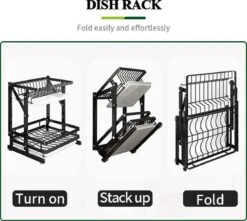 TammaT - Afdruiprek Met Lekbak 2 Laags – Inklapbaar - Afwasrek – Met 2 Lekbakken – Extra Accessories Voor Servies En Snijplanken - RVS - 38x35x26,5cm -Huishoudelijke Benodigdheden 1200x1076
