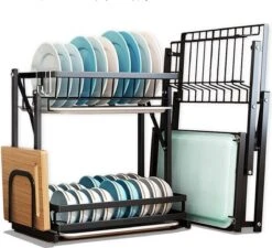 Doogo® Afdruiprek Met Lekbak 2 Laags – Inklapbaar - Muur Hangen Mogelijke - Afwasrek – Met 2 Lekbakken – Extra Accessories Voor Servies En Snijplanken - RVS -Huishoudelijke Benodigdheden 1200x1095