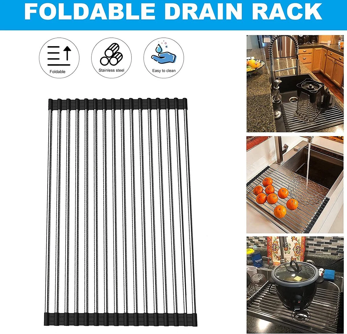 IBright Oprolbare Afdruiprek - Pannen Rooster Hittebestendig - Afdruiprooster - Pannenonderzetter - RVS Zwart 3 IBright Oprolbare Afdruiprek - Pannen Rooster Hittebestendig - Afdruiprooster - Pannenonderzetter - RVS Zwart - Afbeelding 3