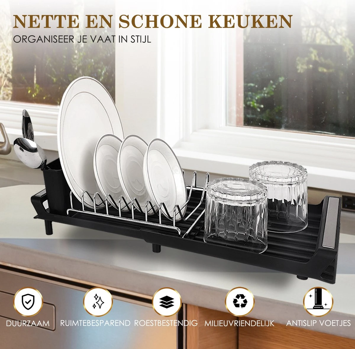 MIRI Afdruiprek – Afwasrek – Uitschuifbaar – Met Lekbak In Gootsteen – Afwas – Roestvrij Staal – Zwart 7 MIRI Afdruiprek – Afwasrek – Uitschuifbaar – Met Lekbak In Gootsteen – Afwas – Roestvrij Staal – Zwart - Afbeelding 7