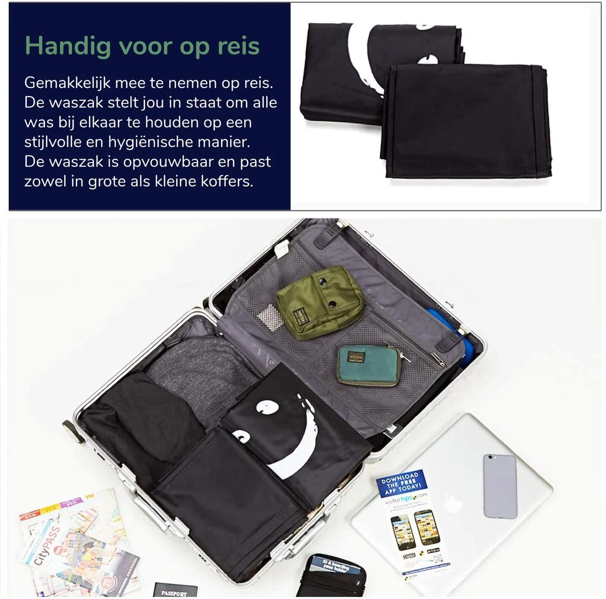 Wonair - Waszak Groot - 60x90cm - Zwart - Met Trekkoord En Draagband 3 Wonair - Waszak Groot - 60x90cm - Zwart - Met Trekkoord En Draagband - Afbeelding 3