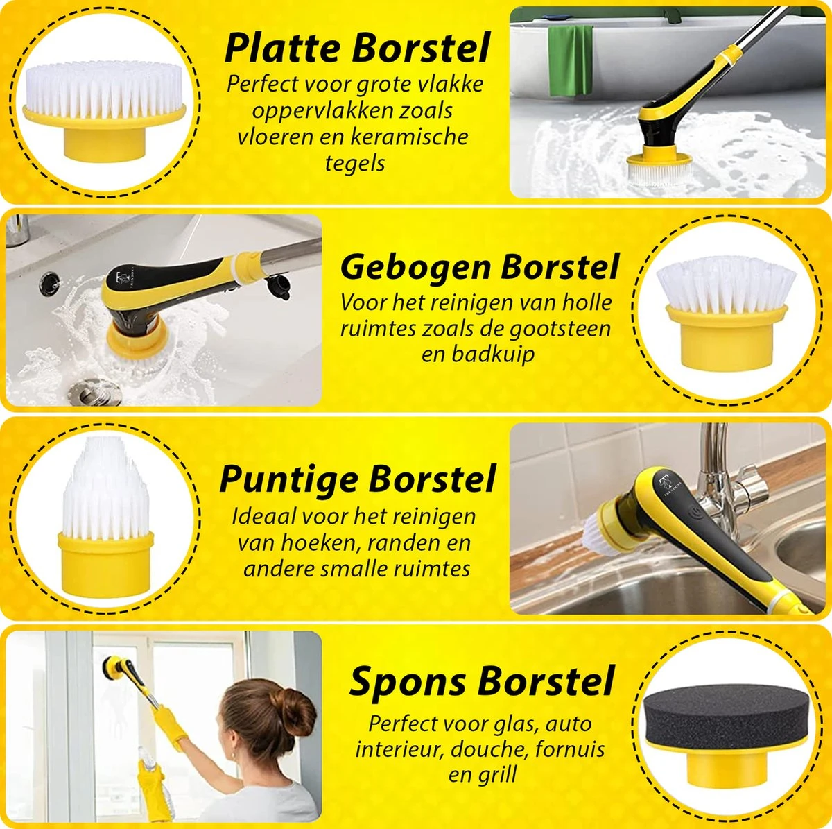 Trendosa Elektrische Schoonmaakborstel - Elektrische Schrobborstel - Poetsmachine - Handborstel - Scrubber- De Badkamer/Keuken/Auto- 10 Opzetstukken Geel 6 Trendosa Elektrische Schoonmaakborstel - Elektrische Schrobborstel - Poetsmachine - Handborstel - Scrubber- De Badkamer/Keuken/Auto- 10 Opzetstukken Geel - Afbeelding 6
