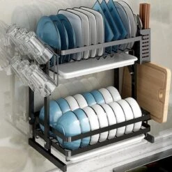 Doogo® Afdruiprek Met Lekbak 2 Laags – Inklapbaar - Muur Hangen Mogelijke - Afwasrek – Met 2 Lekbakken – Extra Accessories Voor Servies En Snijplanken - RVS -Huishoudelijke Benodigdheden 1200x1200 1132