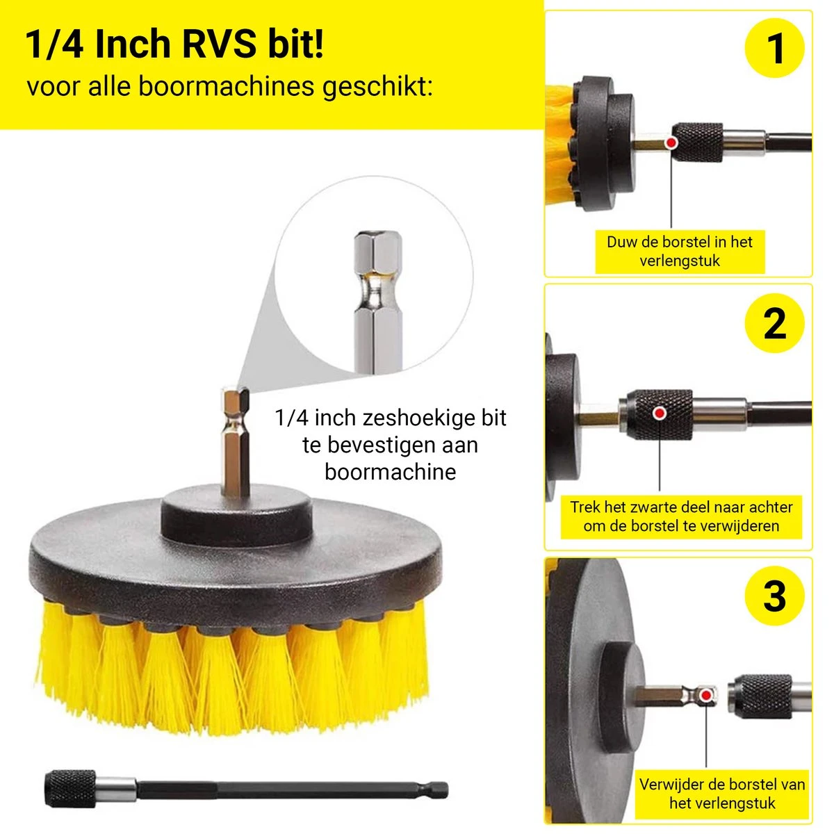Merkloos 4-delige Borstelset Voor Boormachine - Inclusief Verlengstuk - Opzetborstels - Schrobborstel - Schuurborstel - Schoonmaakborstel - Tapijtreiniger - Brush - Geel - Gratis Verzending 7 Merkloos 4-delige Borstelset Voor Boormachine - Inclusief Verlengstuk - Opzetborstels - Schrobborstel - Schuurborstel - Schoonmaakborstel - Tapijtreiniger - Brush - Geel - Gratis Verzending - Afbeelding 7
