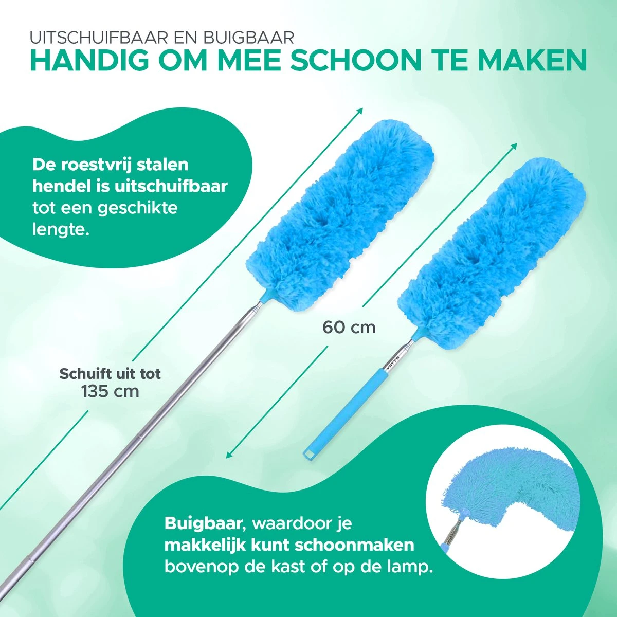 WITTS Telescopische Plumeau Met Telescoopsteel - 60 Tot 140 Cm - Uitschuifbaar - Blauw 4 WITTS Telescopische Plumeau Met Telescoopsteel - 60 Tot 140 Cm - Uitschuifbaar - Blauw - Afbeelding 4