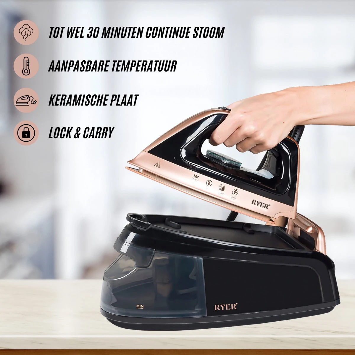 RYER Stoomstrijkijzer Met Stoomgenerator - Iron - Keramische Zoolplaat 4 RYER Stoomstrijkijzer Met Stoomgenerator - Iron - Keramische Zoolplaat - Afbeelding 4