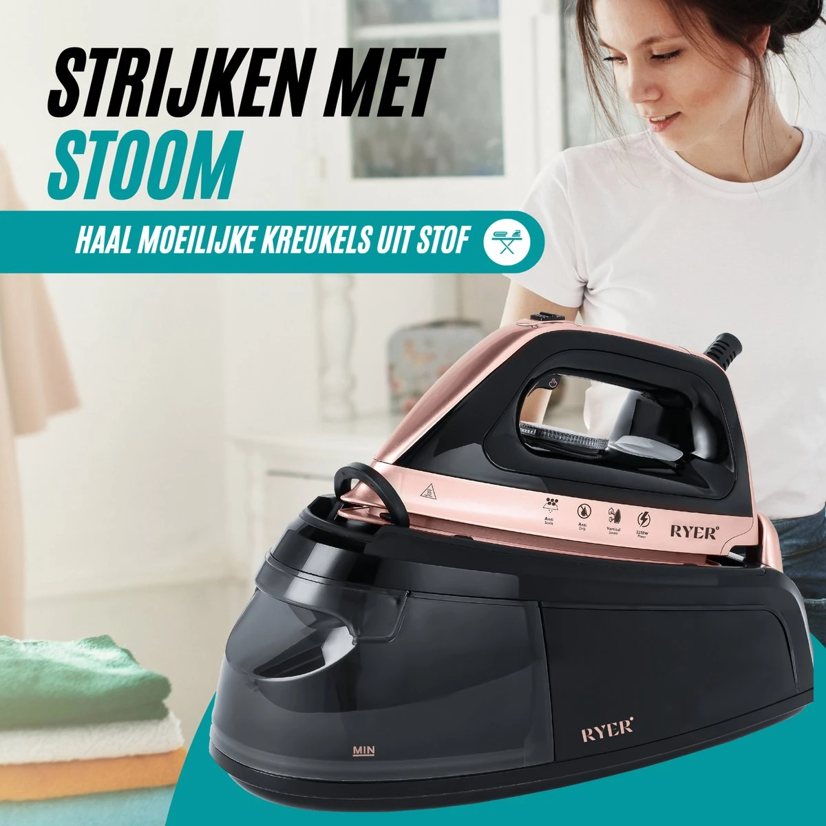 RYER Stoomstrijkijzer Met Stoomgenerator - Iron - Keramische Zoolplaat 9 RYER Stoomstrijkijzer Met Stoomgenerator - Iron - Keramische Zoolplaat - Afbeelding 9