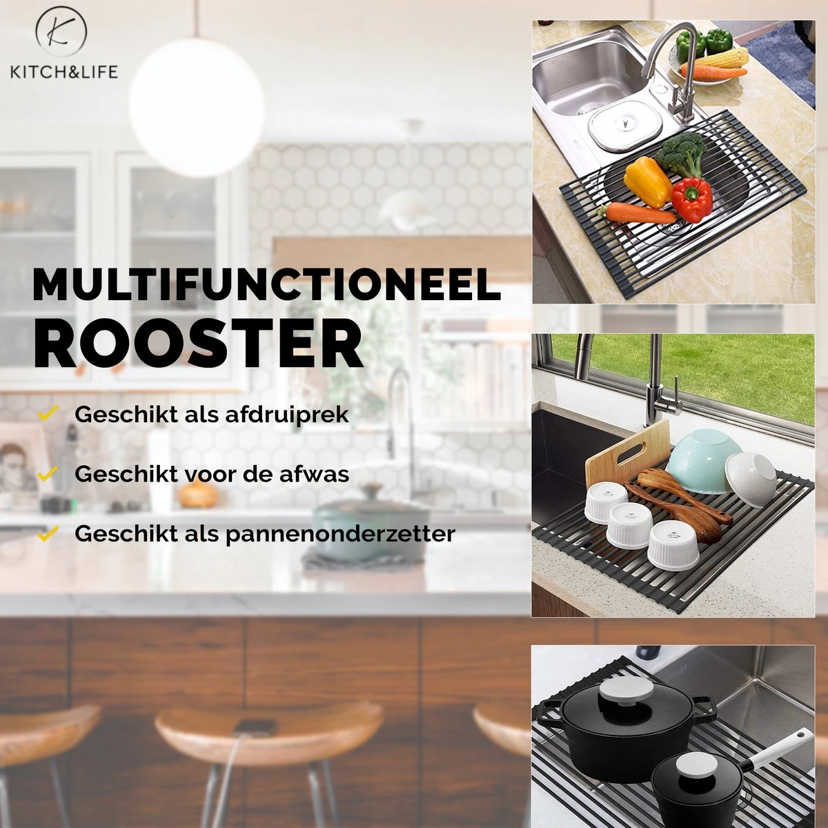 Kitch&Life Afdruiprek Oprolbaar - Mat Zwart - Pannenonderzetter - Afdruipmat - Keukenrek 3-in-1 3 Kitch&Life Afdruiprek Oprolbaar - Mat Zwart - Pannenonderzetter - Afdruipmat - Keukenrek 3-in-1 - Afbeelding 3