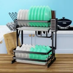 TammaT - Afdruiprek Met Lekbak 2 Laags – Inklapbaar - Afwasrek – Met 2 Lekbakken – Extra Accessories Voor Servies En Snijplanken - RVS - 38x35x26,5cm -Huishoudelijke Benodigdheden 1200x1200 921