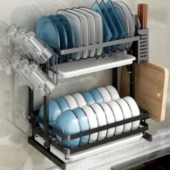 TammaT - Afdruiprek Met Lekbak 2 Laags – Inklapbaar - Afwasrek – Met 2 Lekbakken – Extra Accessories Voor Servies En Snijplanken - RVS - 38x35x26,5cm -Huishoudelijke Benodigdheden 1200x1200 922