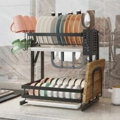 TammaT - Afdruiprek Met Lekbak 2 Laags – Inklapbaar - Afwasrek – Met 2 Lekbakken – Extra Accessories Voor Servies En Snijplanken - RVS - 38x35x26,5cm -Huishoudelijke Benodigdheden 1200x1200 923