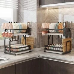 TammaT - Afdruiprek Met Lekbak 2 Laags – Inklapbaar - Afwasrek – Met 2 Lekbakken – Extra Accessories Voor Servies En Snijplanken - RVS - 38x35x26,5cm -Huishoudelijke Benodigdheden 1200x1200 924