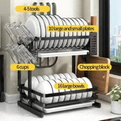 TammaT - Afdruiprek Met Lekbak 2 Laags – Inklapbaar - Afwasrek – Met 2 Lekbakken – Extra Accessories Voor Servies En Snijplanken - RVS - 38x35x26,5cm -Huishoudelijke Benodigdheden 1200x1200 925