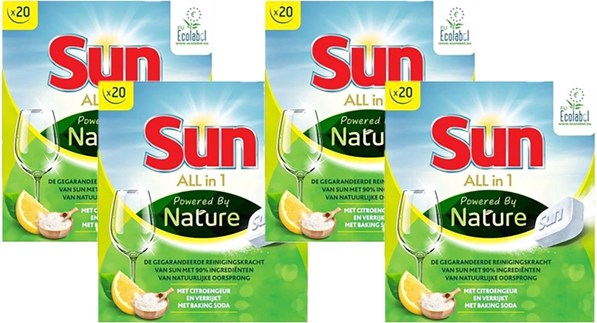 SUN® Sun All-In-1 Powered By Nature Eco Vaatwastabletten - 4 X 20 Tabletten - Voordeelverpakking 1 SUN® Sun All-In-1 Powered By Nature Eco Vaatwastabletten - 4 X 20 Tabletten - Voordeelverpakking