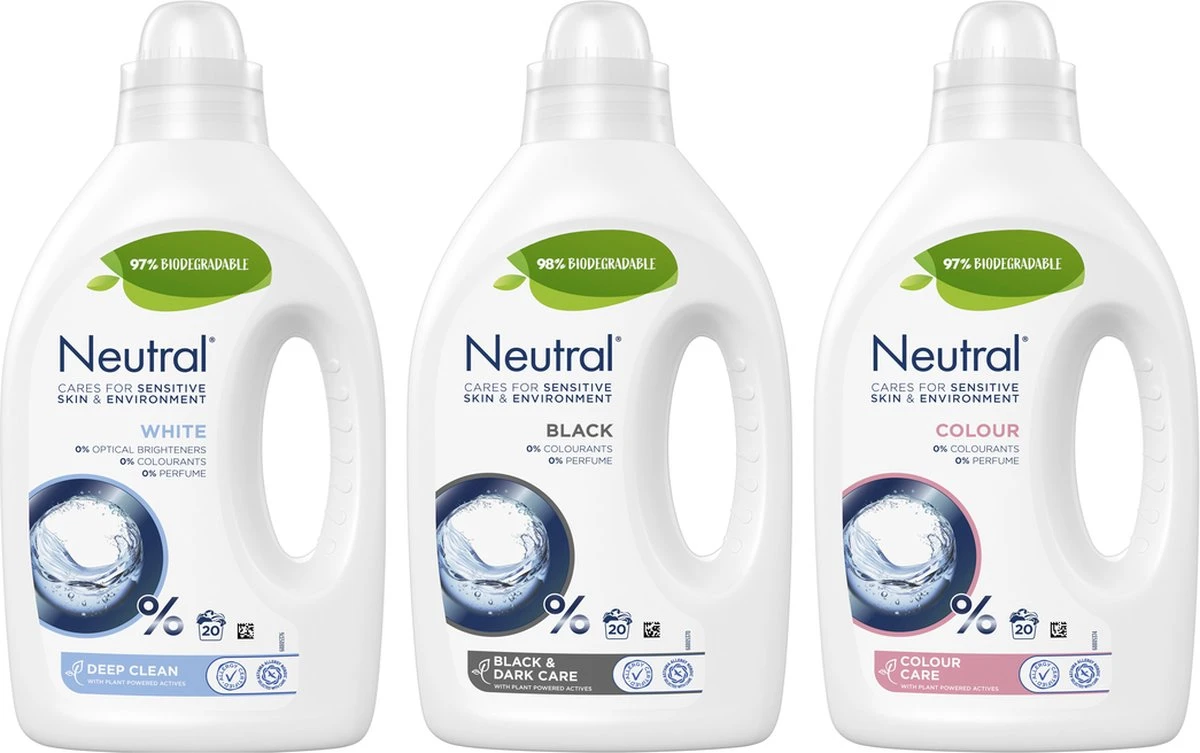 Neutral Neutral Wasmiddel Pakket Parfumvrij En Hypoallergeen Wit + Zwart + Kleur Zorgt Voor De Gevoelige Huid én Voor Het Milieu (1+1+1) X 20 Wasbeurten 1 Neutral Neutral Wasmiddel Pakket Parfumvrij En Hypoallergeen Wit + Zwart + Kleur Zorgt Voor De Gevoelige Huid én Voor Het Milieu (1+1+1) X 20 Wasbeurten