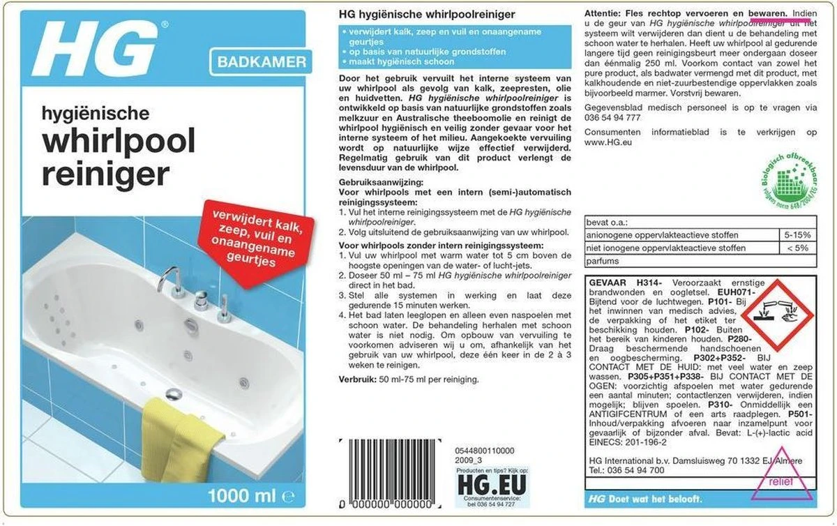 HG Hygiënische Whirlpool Reiniger - 1L - Verwijdert Kalk, Vet, Zeep En Olie - Veilig In Gebruik Voor Whirlpool En Jacuzzi's 2 HG Hygiënische Whirlpool Reiniger - 1L - Verwijdert Kalk, Vet, Zeep En Olie - Veilig In Gebruik Voor Whirlpool En Jacuzzi's - Afbeelding 2
