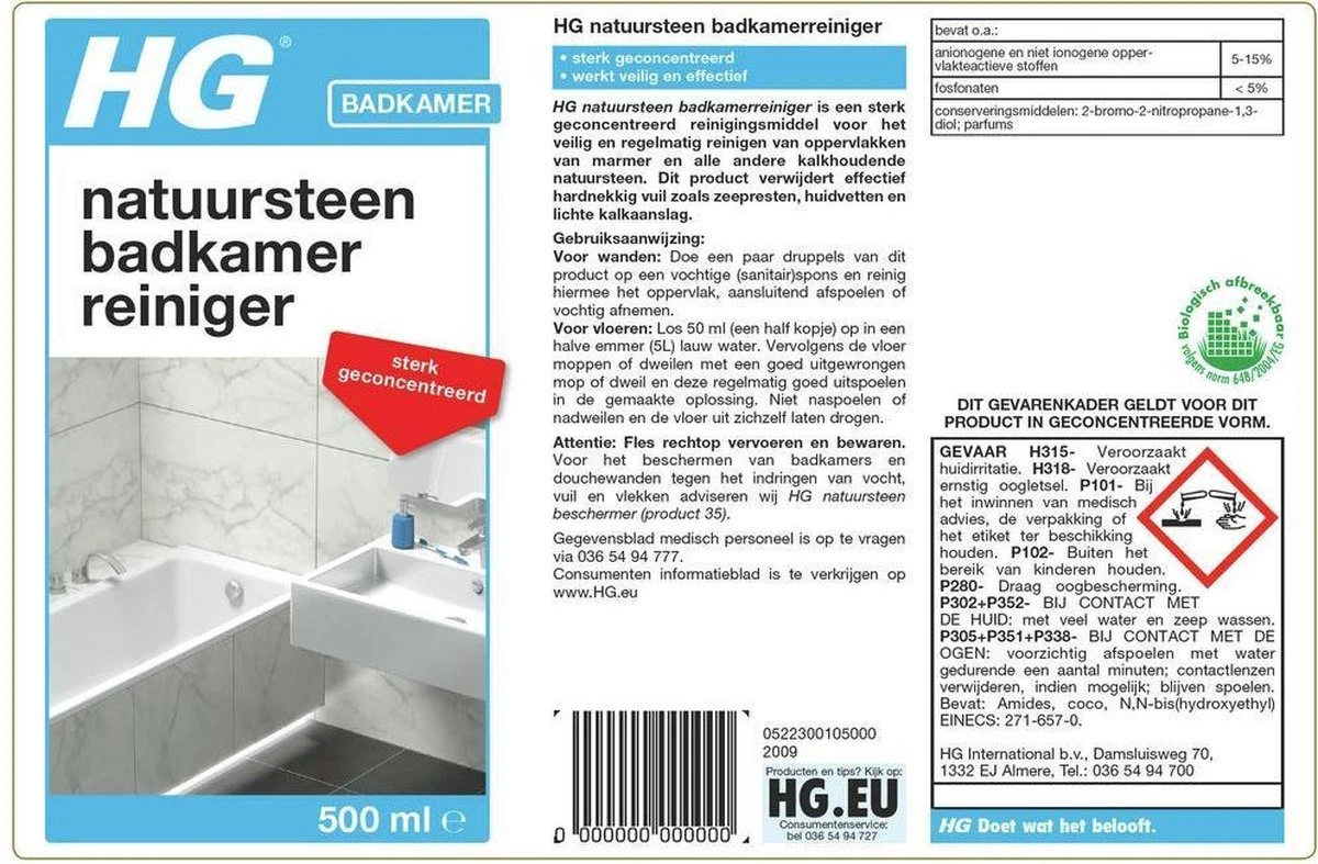 HG Natuursteen Badkamer Reiniger - 500ml - Ook Voor Marmer - Verwijdert Veilig Hardnekkig Vuil 2 HG Natuursteen Badkamer Reiniger - 500ml - Ook Voor Marmer - Verwijdert Veilig Hardnekkig Vuil - Afbeelding 2
