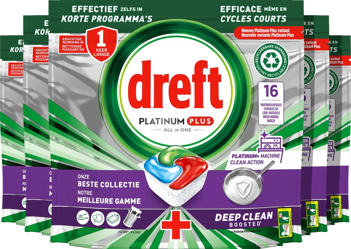 Dreft Platinum Plus All In One Machine Clean - Vaatwastabletten - 5 X 16 Tabletten 1 Dreft Platinum Plus All In One Machine Clean - Vaatwastabletten - 5 X 16 Tabletten