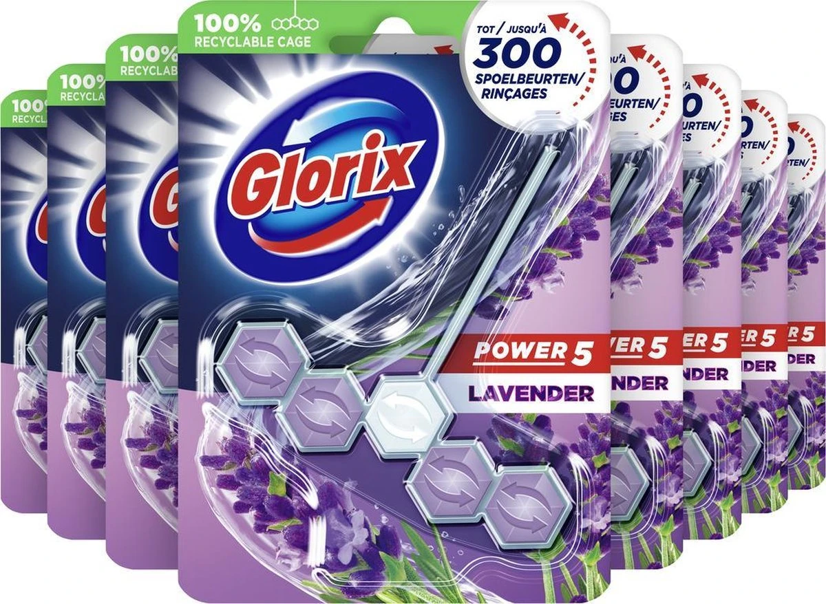 Glorix Power 5 Toiletblokken - Lavendel - 9 Stuks - Voordeelverpakking 1 Glorix Power 5 Toiletblokken - Lavendel - 9 Stuks - Voordeelverpakking