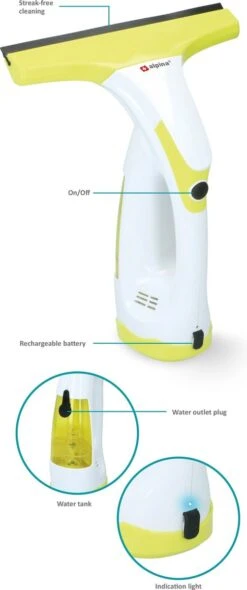 Alpina Elektrische Ramenwasser - Ruitenreiniger 635GR - Oplaadbare Raamtrekker - 3,7V Lithiumbatterij - Batterijduur 30 Minuten - 70ML Waterreservoir - Wit/Geel -Huishoudelijke Benodigdheden 502x1200 2
