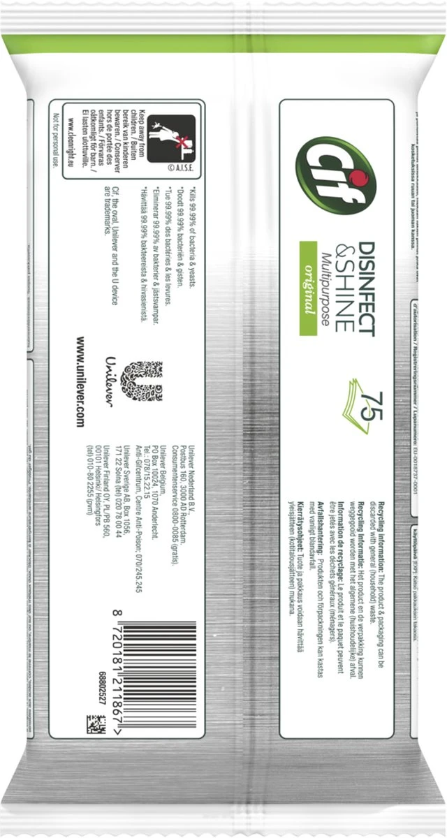 Cif Disinfect & Shine Wipes Doden 99,99% Van De Bacteriën Original Desinfecterende Schoonmaakdoekjes, Van 100% Biologisch Afbreekbaar Textiel 5 X 75 Doekjes 5 Cif Disinfect & Shine Wipes Doden 99,99% Van De Bacteriën Original Desinfecterende Schoonmaakdoekjes, Van 100% Biologisch Afbreekbaar Textiel 5 X 75 Doekjes - Afbeelding 5