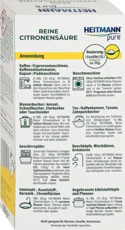 HEITMANN Pure Ontkalker- Citroenzuur Ontkalker, Natuurvriendelijke Kalkreiniger Voor Een Hygiënische Reiniging - Poeder, 1x 350 G -Huishoudelijke Benodigdheden 654x1200 1