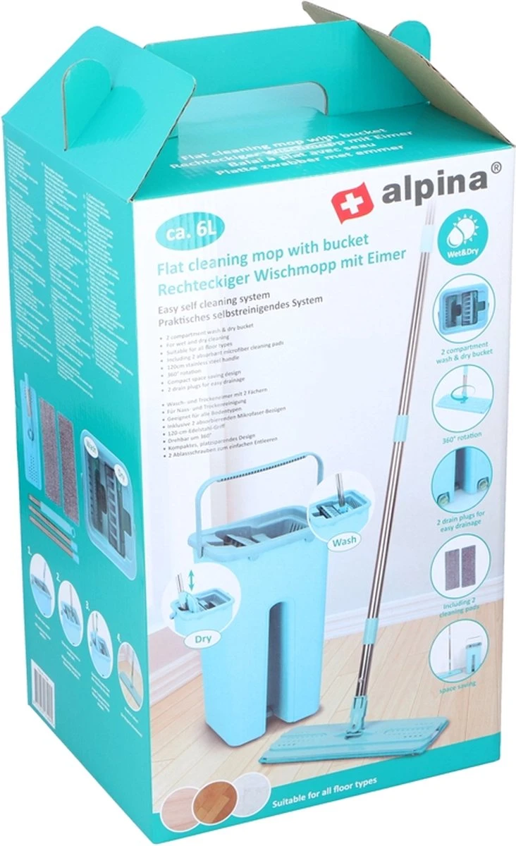 Alpina Platte Mop Met Emmer - Incl. 2 Microvezeldoeken - Voor Harde Vloeren - 360° Draaibaar 17 Alpina Platte Mop Met Emmer - Incl. 2 Microvezeldoeken - Voor Harde Vloeren - 360° Draaibaar - Afbeelding 17