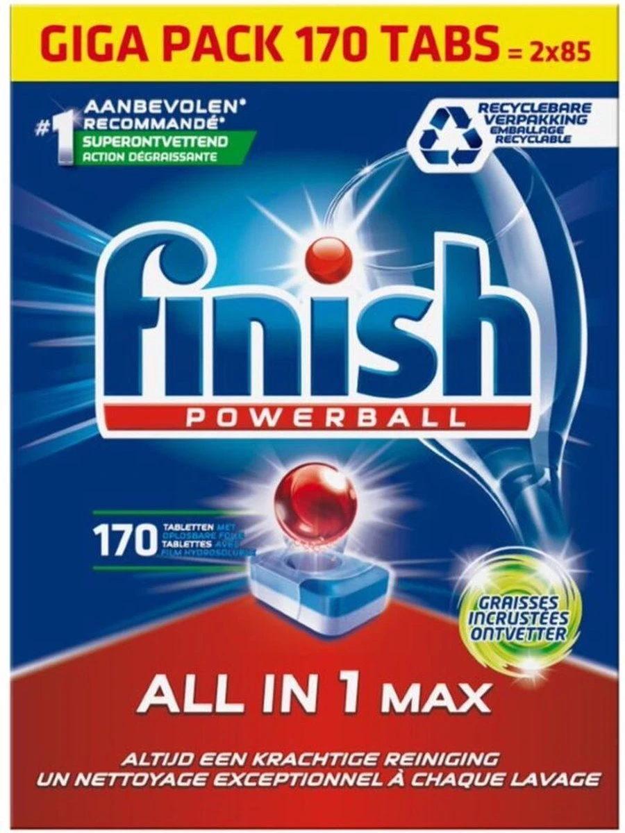 Finish All In 1 Max Ontvetter Vaatwastabletten - 170 Tabs - Voordeelverpakking 1 Finish All In 1 Max Ontvetter Vaatwastabletten - 170 Tabs - Voordeelverpakking