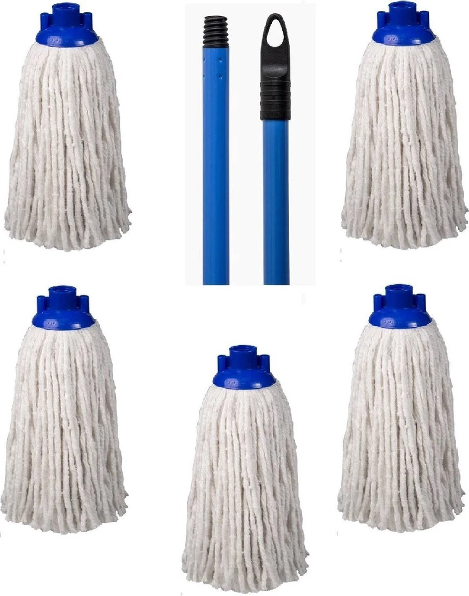 Merkloos Navulling Vloermop Mop Met Steel Blauw - 5 Dweilen Met 1 Dweilstok 1 Merkloos Navulling Vloermop Mop Met Steel Blauw - 5 Dweilen Met 1 Dweilstok